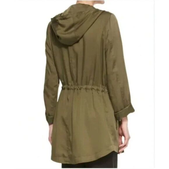 Eileen Fisher army green olive utility long hooded jacket size XS - Picture 2 of 9